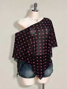 SHEIN ICON 女款大尺碼性感波點不對稱下擺網紗上衣 - 彩色 - 查看 4
