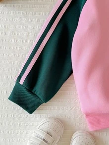 SHEIN 女嬰針織拼色圓領蝴蝶結圖案休閒衛衣與長褲兩件套 - 彩色 - 查看 4