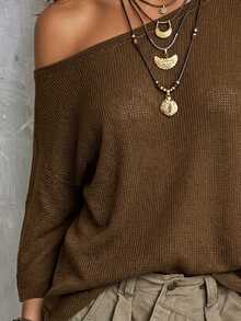 Elafinee Plus Size Women's Solid Color Asymmetrical Shoulder Long Sleeve Casual Pullover Sweater - Brown - View 5