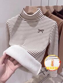 SHEIN 女嬰針織條紋立領蝴蝶結圖案休閒上衣 冬季衣物、秋季衣物、女嬰服飾、秋季新款 - 彩色 - 查看 1