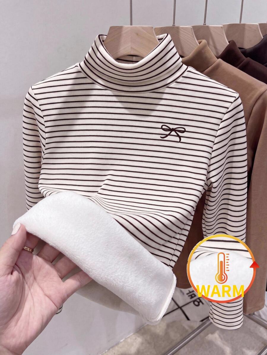 SHEIN 女嬰針織條紋立領蝴蝶結圖案休閒上衣 冬季衣物、秋季衣物、女嬰服飾、秋季新款 - 彩色 - 查看 1