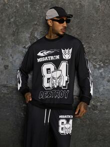 Transformers X SHEIN Men's Letter Print Long Sleeve Pullover Sweatshirt And Sweatpants Set Evergreen - Black - View 4
