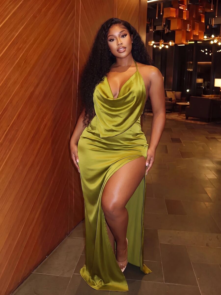 Slaydiva New Olive Green Satin High Neck Backless Spaghetti Strap Dress With High Slit And Pleated Design, Perfect For Dates, Parties, Cocktail Events, Weddings, Birthday Parties, Vacations And Formal Occasions