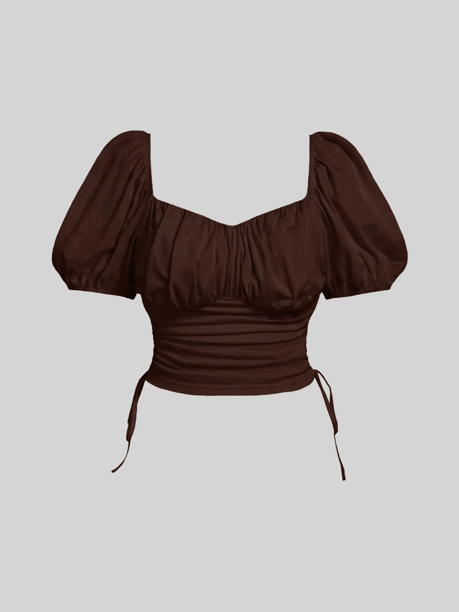SHEIN MOD Plus Size Spring/Summer Ruched Drawstring Puff Sleeve T-Shirt, Casual, Commute, Picnic - Brown - View 1