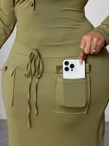 Maweii Gaun Panjang Wanita Ukuran Besar Warna Hijau Seksi Leher V Pas Badan Ramping dengan Ikat Pinggang untuk Musim Gugur - Hijau - View 8