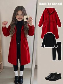 SHEIN 女童少女休閒字母裝飾寬鬆文字膠帶連帽口袋中長版派克外套 秋季夾克 - 紅色 - 查看 3