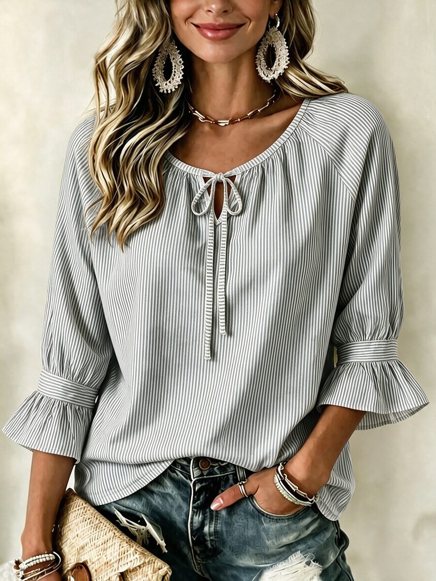 INAWLY Plus Size Women's Grey Striped Tie Neck Raglan Sleeve Blouse - Dark Grey - View 1