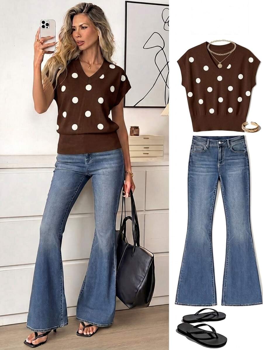 Comfylo Casual Minimalist Women's V-Neck T-Shirt With Polka Dot Print Pattern, Versatile - Multicolor - View 1