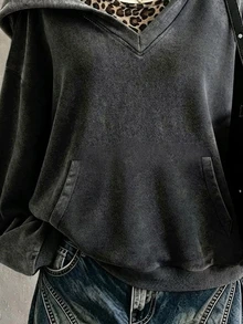 Lalippa Women's 2 Pieces Outfit Set, Dark Gray Leopard Print, Holiday Date Outfit, Women's Hooded Halter Neck Sweatshirt Set - Dark Grey - View 4