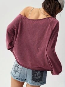 Bohemela 休閒純色針織不對稱領長袖寬鬆水洗女款衛衣 - 酒紅色 - 查看 2