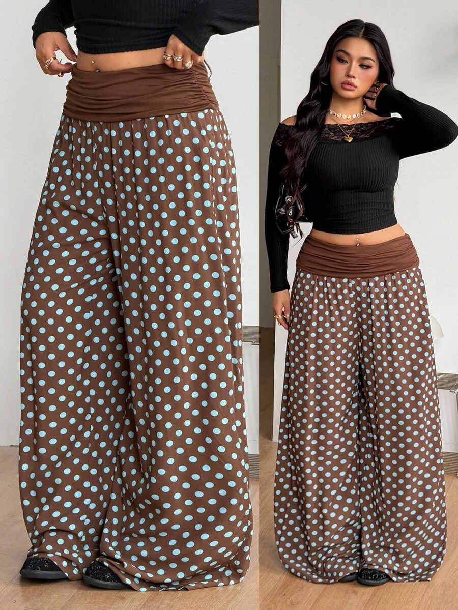 Coolane Women's Plus Size Fall Going Out Elegant Country Concert Beach Outfit Boho Basic Brown Polka Dots Mid-Waist Curved Hem Wide Leg Pants - Coffee Brown - View 1