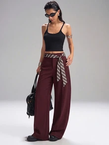 SHEIN EZwear 酒紅色大尺碼女款寬腿寬鬆休閒西裝長褲 - 酒紅色 - 查看 9