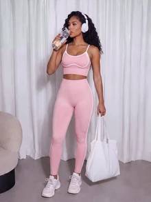 SHEIN Core Rhythm Women's Colorblock Camisole And Leggings Casual Modest Sporty Daily Sports Set Workout Gym Pink And White Summer - Pink - View 1