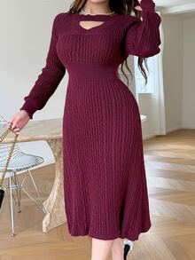 Feyla Women's Plus Size Casual Versatile Cable Knit Long Sleeve Dress - Burgundy - View 3