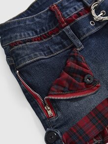 ROMWE Spring Summer Autumn Y2K Retro Plaid Heart Button Decor Casual Mini Denim Shorts For Women - Medium Wash - View 4