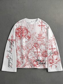 Manfinity ZONE917 復古做舊日式藝伎彼岸花十字圖案 標準尺寸 白色短袖/長袖T恤 - 彩色 - 查看 1