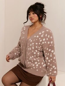 CovetEZ Autumn/Winter Christmas Reindeer Pattern Plush Soft Casual Plus Size Cardigan, Suitable For Halloween And Christmas Wear - Brown - View 5