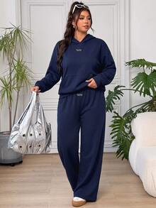 Solflare Two Pieces Autumn And Winter Plus Size Casual Long-Sleeve Hooded Shirt And Pants - Royal Blue - View 3