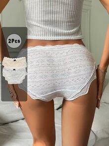 DAZY 2pcs/Pack Lace Patchwork Bow Print Short Women's Triangle Panties - Multicolor - View 6
