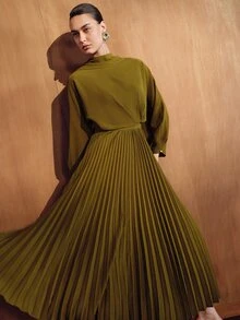 MOTF PREMIUM WOMEN'S SOLID COLOR STAND COLLAR LONG SLEEVE PLEATED HEM ELEGANT DRESS - Army Green - View 4