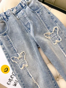 SHEIN Summer Jeans Girlism Y2K Decadent Punk Style Girl's Loose Star Patchwork Colorblock Wide Leg Denim Pants, School, Streetwear Autumn Winter - Blue - View 3