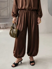 Rue Lumi Women's Loose Solid Color Cuffed Leg Long Pants, Fall High Tea Everyday Dark Brown Casual Elegant Thanksgiving Brunch - Brown - View 4