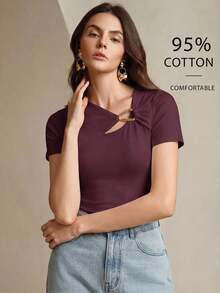 Anewsta 女款優雅 95% 棉不對稱領口短袖修身 T 恤，極簡休閒百搭，適合夏季與秋季 - 紫色 - 查看 6