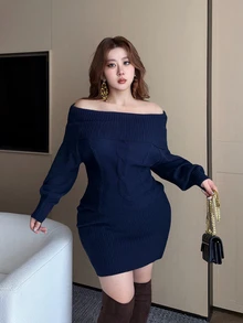 Vibekara Women's Plus Size Casual Collared Off-Shoulder Twisted Rope Raglan Sleeve Long Sleeve Sweater Dress - Navy Blue - View 5