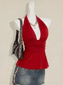 SHEIN ICON 萬聖節女款掛脖露背黑色娃娃裝背心上衣 - 紅色 - 查看 7