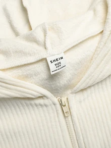 SHEIN 兒童青少年女孩秋冬休閒街頭時尚針織羅紋保暖內裡加厚連帽拉鍊外套配貼袋與直筒長褲 2件套，適合返校與日常穿著 - 白色 - 查看 7