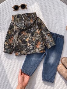 SHEIN 男嬰秋冬保暖內裡加厚楓葉印花牛仔套裝，適合休閒外出 - 軍綠色 - 查看 2