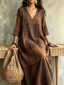 Linhara CURVE Plus Size Women's Autumn Coffee Color Geometric Print V-Neck Long Sleeve Loose Slimming Holiday Dress Fall - Multicolor - View 4