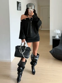 StreetHx Off-Shoulder Sexy Loose Eyelet Decor Bodycon Dress - Black - View 7