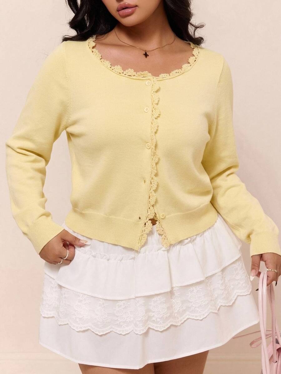 CovetEZ Autumn/Winter Frill Trim Lace Casual Plus Size Cardigan - Light Yellow - View 1