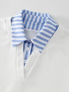 Franclia 2pcs Faux Shirt Collar Contrast Color Striped Casual Women's Sweatshirt - White - View 6