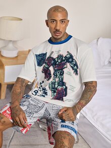 Transformers X SHEIN طقم ملابس منزلية للرجال بطبعة كرتونية، ملابس علوية قصير الأكمام وشورت بجيوب - ازرق وابيض - مشاهدة 5