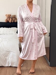 Napfluff CURVE Napfluff CURVE Striped Bow Decor Tie-Front Plus Size Robe - Baby Pink - View 4