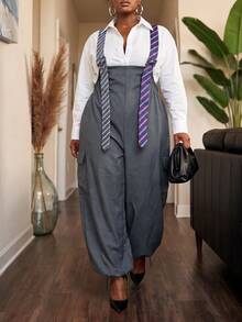 Slaydiva Spring/Autumn New Elegant Commute, Party, Modern, Wedding Season, Graduation Season, Back To School, Brunch, Afternoon Tea, Business Occasions, Loose Solid Gray Color, Adjustable Tie Shoulder Straps, Pockets, Drawstring Hem, Woven Fabric, Women's Plus Size Extra Long Overalls - A - Grey - View 9