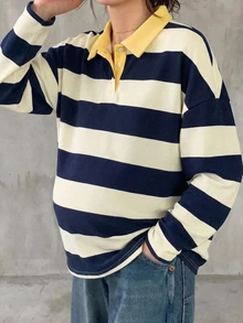 DAZY Patchwork Color Block Striped Loose Long Sleeve Lapel Collar Casual Daily Vacation Spring Autumn Maternity T-Shirt - Blue - View 4