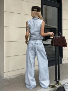 DAZY Light Blue Lapel Sleeveless Single-Breasted Waist-Cinching Denim Vest Paired With Loose Wide-Leg Denim Pants Set - Blue - View 6