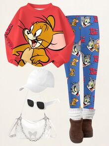 TOM & JERRY X SHEIN 少女卡通圖案印花長袖衛衣與內搭褲套裝 - 白色 - 查看 3