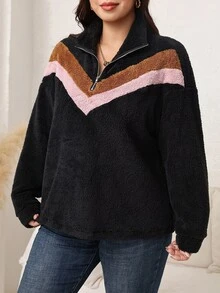 SHEIN LUNE Plus Size Fuzzy Warm Colorblock Crew Neck Pullover Sweatshirt - Multicolor - View 3