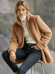 SHEIN 女款秋冬抓絨泰迪外套 立領拉鍊長袖保暖休閒中長版夾克 - 棕色 - 查看 5