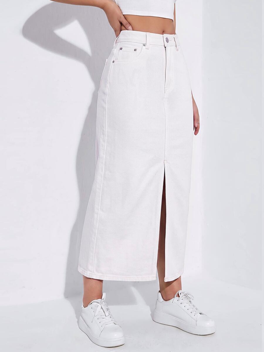 SHEIN Unity 女款休閒日常牛仔裙，附口袋、鈕扣與開衩設計 - 白色 - 查看 1