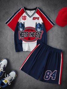 Transformers X SHEIN Tween Boy Letter Print Raglan Short Sleeve T-Shirt And Shorts Set Gen - Blue - View 1