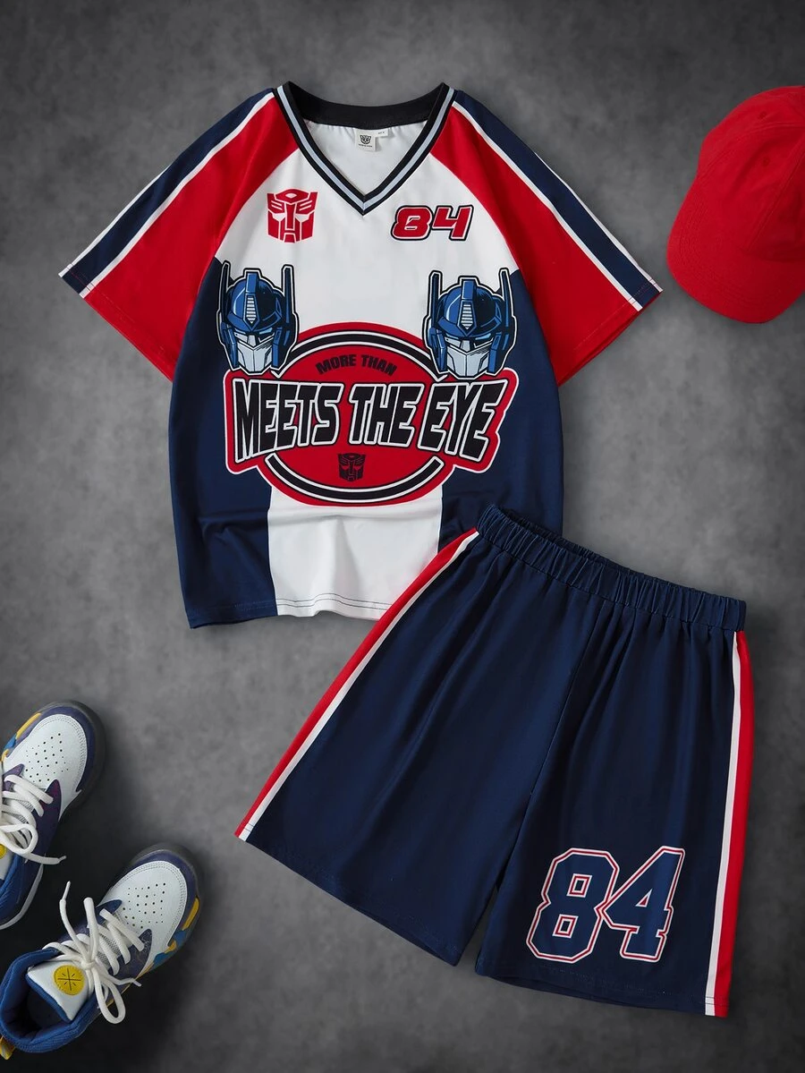 Transformers X SHEIN Tween Boy Letter Print Raglan Short Sleeve T-Shirt And Shorts Set Gen - Blue - View 1