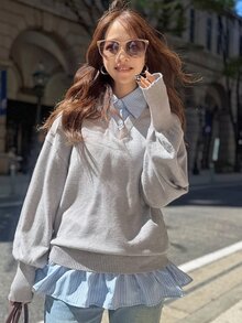 FRIFUL Women's Autumn Patchwork Striped Fabric 2 In 1 Sweater - Blue - View 8