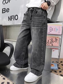 青少年男孩 Y2K 時尚黑色刷毛羊毛底鬆款牛仔褲，秋冬上學穿搭 - 黑色 - 查看 3