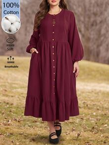 EMERY ROSE Plus Size Burgundy Ruched Button Front Ruffle Round Neck Long Sleeve Dress Fall Winter 2026 - Burgundy - View 3