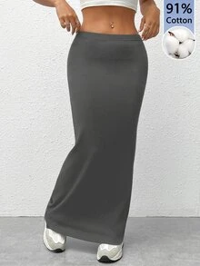 SHEIN EZwear 女款 91% 棉針織修身裙 - 百搭基本款，適合外出，復古風格 - 灰色 - 查看 1